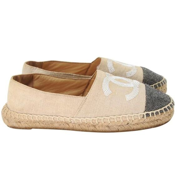 Chanel Espadrille 37 Glitter Fabric Leather Cc Cap Toe Flats CC-S0207P-C026 - Picture 6 of 11